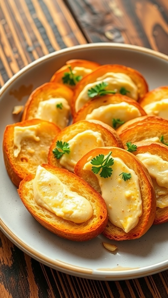 Sliced Japanese garlic bread with a buttery garlic spread, garnished with parsley on a rustic plate.